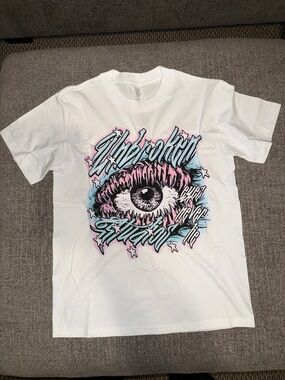 SHEIN White Tee with Pink & Light Blue Graphic Eye Design